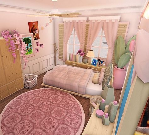 Build Bloxburg, Robux Gratis, Cottage Core Bloxburg House, Bloxburg Aesthetic, Bloxburg Interior, Blush Bedroom, Preppy House, Blocksburg Room Ideas￼, Pastel Bedroom