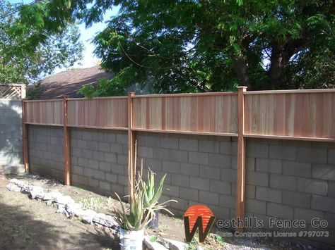 Tongue and gvoove redwood fence on top of wall Non Wood Fence Ideas, Backyard Brick Wall Decor Ideas, Brick Wall Topper Ideas, Brick Fence Extension Ideas, Fence On Top Of Brick Wall, Fence On Wall Ideas, Privacy Fence Ideas On Top Of Block Wall, Wall Extension Privacy, Brick Wall Privacy Extension