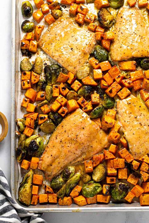 Salmon Brussel Sprouts, Sweet Potato Crisp, Maple Mustard Salmon, Dijon Salmon, Sheet Pan Salmon, Sprouting Sweet Potatoes, Dijon Sauce, Salmon And Sweet Potato, Mustard Salmon