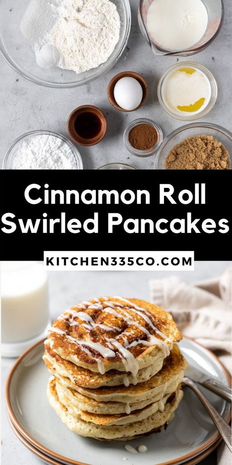 Cinnamon Roll Pancakes will be your new favorite breakfast! These homemade pancakes have a cinnamon swirl and a cream cheese glaze. While the pancake batter is cooking you will pipe the cinnamon sugar mixture into it. It results in fluffy pancakes with a delicious twist! Hungry Jack Pancakes, Cinnamon Swirl Pancakes, Cinnamon Roll Pancakes Recipe, Lemon Poppyseed Pancakes, Homemade Pancake Mix, Yummy Pancake Recipe, Cinnamon Roll Pancakes, Cinnamon Pancakes, Cream Cheese Glaze