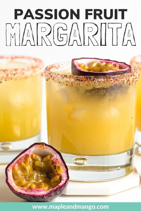 Passion Fruit Margarita! A classic margarita on the rocks with a tropical passion fruit twist. This easy-to-make passion fruit cocktail recipe is the perfect summer drink and great for Cinco de Mayo or taco night too! Shake up a single drink or make pitcher margaritas for a crowd! | www.mapleandmango.com Passion Fruit Margarita Recipe, Margaritas For A Crowd, Pitcher Margaritas, Passion Fruit Cocktail, Recipes With Fruit Cocktail, Fruit Drinks Recipes, Passion Fruit Margarita, Fruit Margarita, Margarita On The Rocks