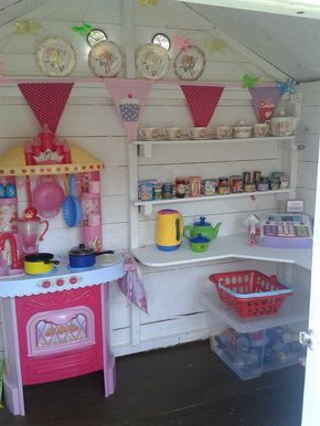 Playhouse Shop Ideas, Painted Wooden Playhouse, Inside Wendy House Ideas, Wooden Playhouse Makeover Interior, Playhouse Inside Ideas, Wendy House Ideas Interior, Playhouse Makeover Inside, Inside Of Playhouse Ideas, Wendy House Interior