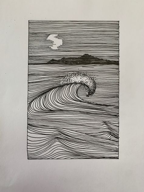 line art wave formed in the moonlight. easy drawing. pen drawing. simple drawing. fine line art. line art. beach. moon. wave. night sky. wave at the beach. ocean. sea.  cloudy sky. cloudy night sky. moon. island. water. perfect wave. night surfing Black And White Ocean Painting, Fine Line Sketches, Fine Line Drawing Ideas, Ocean Line Drawing, Drawing Of Ocean, Ocean Line Art, Sea Illustrations, Fine Line Drawing, Silly Drawings