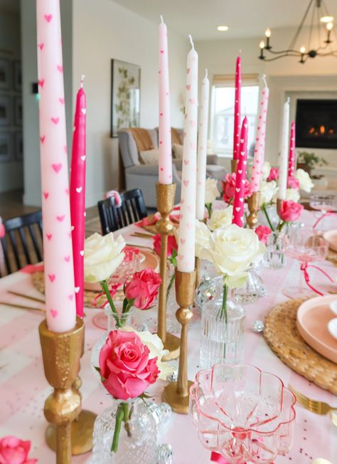 Valentine's Day Tablescape - Hunters Of Happiness Mix And Match Candle Holders, Vday Table Decor, Happy Valentine's Day Aesthetic, Valentines Brunch Ideas Table Settings, Cupids Last Catch, Valentines Dance Centerpieces, Valentines Buffet Decor, Valentine's Day Dinner Table Setting, Valentine’s Day Decor Mantel