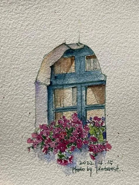 Cool Places To Draw, Watercolor Art Window, Drawing Doors Sketches, Watercolor Astethic, Watercolor Sketch Ideas, Watercolor Window With Flowers, Watercolor Doors Paintings, Pen And Watercolor Architecture, Watercolor Architecture Sketches