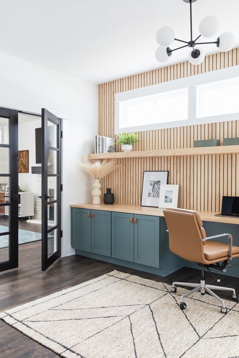 Desk Next To Door, Home Office Wood Slats, Office Slat Wall Design, Home Office Tall Desk, Slat Wall In Office, Color Palette For Small Spaces, California Casual Home Office, Mid Century Modern Home Office Design, Mid Century Modern Living Room Built Ins