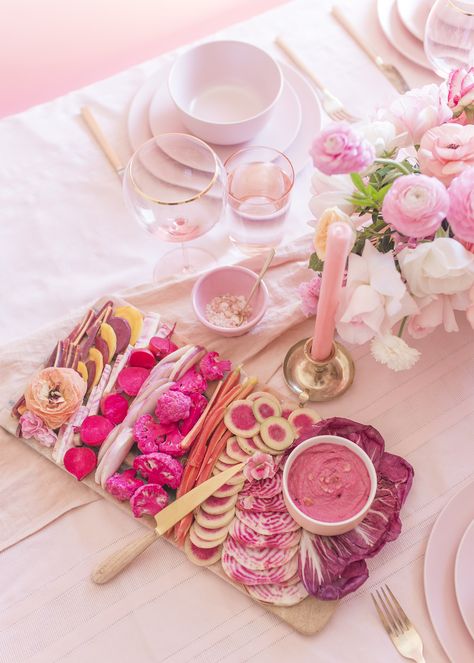 Pink Dinner Party Food, Colour Party Food, Pink Horderves, All Pink Dinner Party, Dining Room Birthday Party Decor, Pink Dinner Recipes, Pink Food Party, Pink Lunch Food, Pink Food Platter