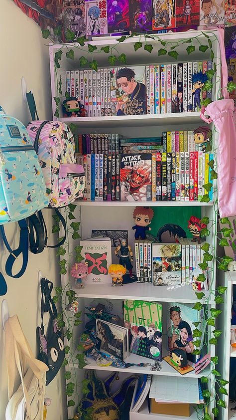 Use code: MOB2006 on yesstyle for $$$ off #aesthetic #anime #manga #room #inspo #kpop Anime Book Shelf, Manga Shelf Inspiration, Anime Bookcase, Manga Organization, Cozy Anime Aesthetic, Room Inspo Anime, Small Manga Shelf Ideas, Anime Themed Room, Anime Manga Aesthetic Room