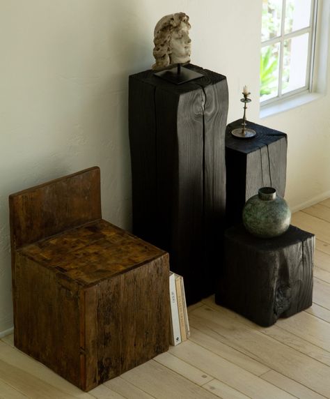 Enhance your Japandi home interior with the unique and timeless design of the Charcoal Sculpture Pedestal. Crafted from solid Douglas Fir wood, this sculpture pedestal features deep grooves and a shou-sugi-ban finish, adding depth and movement to its natural grain. With a clear matte seal, this piece will continue to evolve, showcasing its natural beauty as it settles into its environment. Dimensions (L x W x H): 12" x 12" x 40" Please note, this product is final sale and may leave ash marks if Charcoal Sculpture, Sculpture Pedestal, Entry Arch, Garden Entry, Douglas Fir Wood, Japandi Home, Earthy Home, Sugi Ban, Wood Pedestal