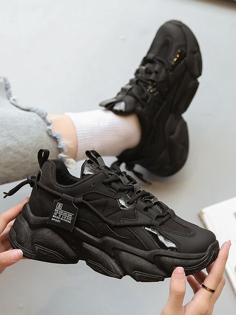 Black Sporty    Letter Chunky Sneakers    Women Shoes Tomboy Shoes Sneakers, Black Sneakers Aesthetic, Chunky Black Sneakers, Cool Tennis Shoes, Tomboy Shoes, Sporty Shoes Women, Teenage Shoes, Thigh High Denim Boots, Shoes For College