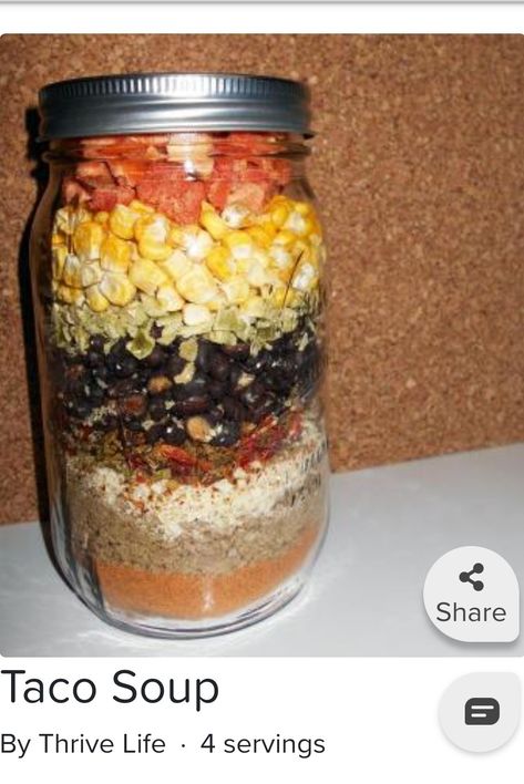 Recipe creds: Andrea Anderson This jar meal is so easy to put together! Cooking couldn't be any easier! Simply boil water, dump ingredients, and in 20 mins a snack/meal awaits! Great for traveling and gifts too! Comment 🙋‍♀️ below or DM Q's Follow link 👇🏼bio to order! #zicsthrivelife food for YOUR adventures! Mason Jar Soup, Thrive Life Recipes, Crock Recipes, Dinner Mexican, Vacuum Sealing Food, Taco Soup Recipe Easy, Dry Soup Mix, Homemade Dry Mixes, Thrive Recipes