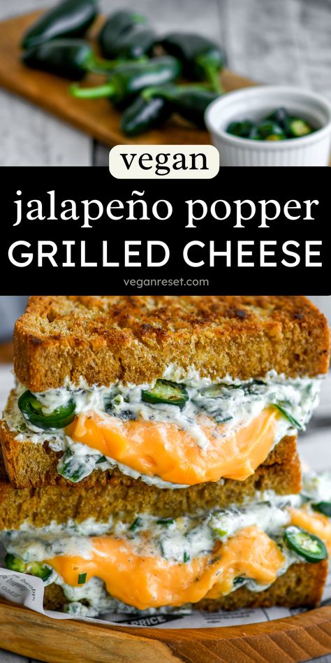 Vegan Jalapeño Popper Grilled Cheese Sandwiches Popper Grilled Cheese, Vegan Jalapeno Poppers, Jalapeno Popper Grilled Cheese, Vegan Sandwich Recipes, Grilled Cheese Recipe, Jalapeno Recipes, Vegan Wraps, Vegan Grilling, Grilled Cheese Sandwiches