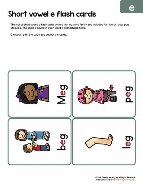 This set of flashcards includes short e sound words from EG word family. Words: beg, peg, leg, and Meg. The short e sound in each word is highlighted in red. Ed Word Family, Family Flashcards, Short E Sound, Family Words, Preschool Calendar, Phonics Worksheets Free, Educational Flash Cards, Cvc Words Worksheets, Free Homeschool Resources