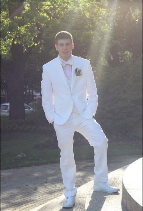 All white suit with white nautica high top shoes and pink under shirt White And Pink Groomsmen Suits, White Suit Prom, White Tux With Pink, White Prom Suits For Guys, White And Pink Prom Suit, Homecoming Suits For Boys White, White Spring Semi-formal Tuxedo, White Prom Suit, Boys Prom Suits