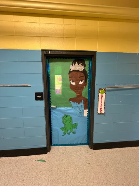 Princess And The Frog Door Decorations, Disney Princess Door Decorations, Princess And The Frog Classroom Theme, Frog Classroom Door, Frog Classroom, Daycare Classroom, Disney Classroom, School Doors, Elementary Music Classroom