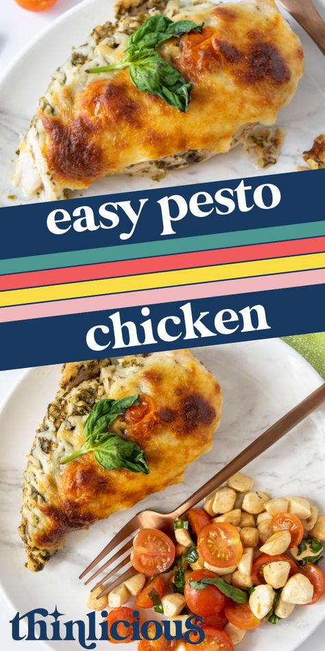 EASY PESTO CHICKEN Easy Chicken Pesto Recipes, Thinlicious Recipes, Keto Pesto Chicken Recipes, Pesto Chicken Healthy Low Carb, Low Calorie Chicken Pesto Pasta, Keto Pesto Chicken, Keto Caprese, Chicken With Pesto Tomato And Mozzarella, Easy Pesto Chicken