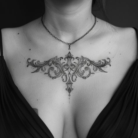 16 Chest Tattoo Designs for Women - Gothic Chest Tattoos For Women, Women's Chest Piece Tattoo, Woman Chest Tattoo Middle, Middle Of The Chest Tattoo Women, Mid Chest Tattoo Female, Womans Chest Piece Tattoo, Front Chest Tattoo Female, Women’s Full Chest Tattoo, Gothic Chest Tattoo Female