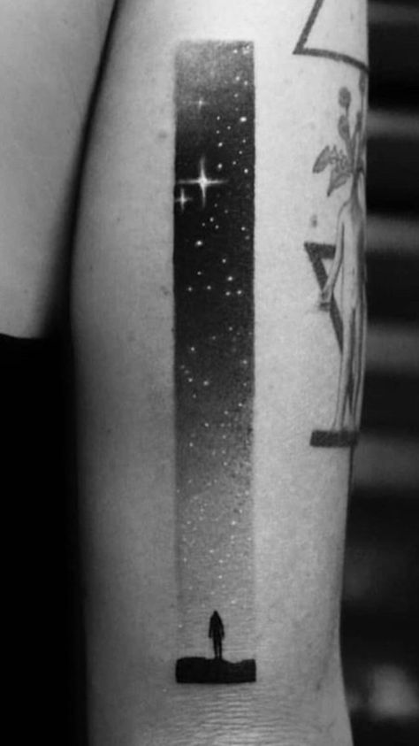 Ladder To The Stars Tattoo, Dark Shadows Tattoo, Melancholic Tattoo, Light In The Dark Tattoo, Guiding Light Tattoo, Inverted Tattoo Negative Space, Space Shoulder Tattoo, Hitchhikers Guide To The Galaxy Tattoo, Rec Tattoo