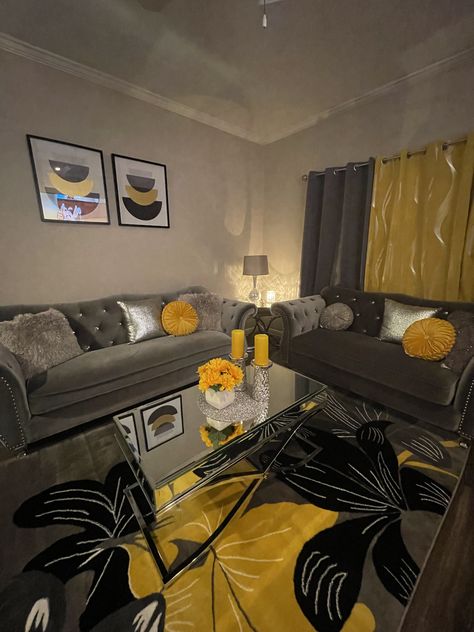 Living Room Designs Grey And Yellow, Yellow Aesthetic House Decor, Yellow And Grey Living Room Decor, Black Silver And Yellow Living Room, Living Room Ideas Yellow And Grey, Yellow House Decor Living Rooms, Orange And Silver Living Room Decor, Yellow Gray Black Living Room, Yellow And Grey Living Room Ideas