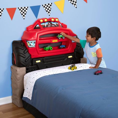 Look forward to bedtime and help toddlers make a fun, fast and easy transition into a big kid bed. The Monster Truck Headboard attaches to your twin mattress to instantly create a fun, themed space in your child's room. Your child's race cars, monster trucks and motorcycles will find their way onto this playful headboard for bedtime fun! Accessories not included. Monster Truck Themed Bedroom, Monster Truck Bedroom, Monster Truck Bed, Boy Car Room, Race Car Bedroom, Monster Truck Room, Truck Bedroom, Car Themed Bedrooms, Toddler Bed Boy