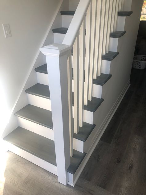 Stained Wood Stairs, Stained Staircase, Straight Staircase, Grey Stained Wood, Wood Stairs, Wooden Stairs, Grey Stain, Up House, Stained Wood