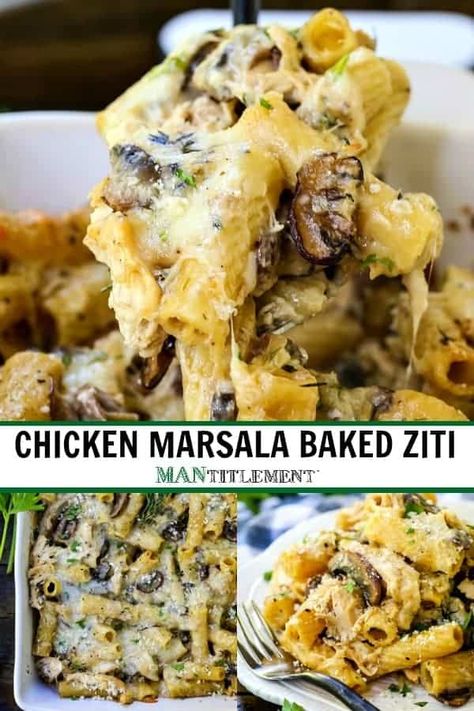 Chicken Marsala Baked Ziti is perfect for any dinner party or potluck, or a family dinner at home! #casserolerecipes #bakedzitireecipe #pastarecipe #chickenrecipe Easy Ziti Recipes, Easy Ziti, Chicken Marsala Pasta, Easy Chicken Marsala, Chicken Lombardy Recipes, Chicken Marsala Easy, Ziti Recipes, Baked Ziti Recipe, Marsala Chicken Recipes