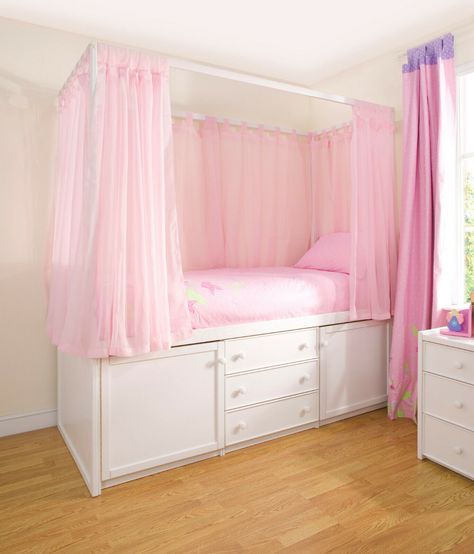 White Four Poster Bed, White Nursery Furniture, Childrens Bed, Cabin Beds For Kids, Clothes Toys, Cabin Bed, Kids Bedroom Designs, Kids Bedroom Design, Four Poster Bed