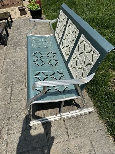 Vintage Metal Glider with pie crust design | eBay Vintage Metal Glider, Metal Lawn Chairs, Porch Glider, Pie Crust Designs, Metal Patio Furniture, Lawn Chairs, Back Porch, Ranch House, Pie Crust