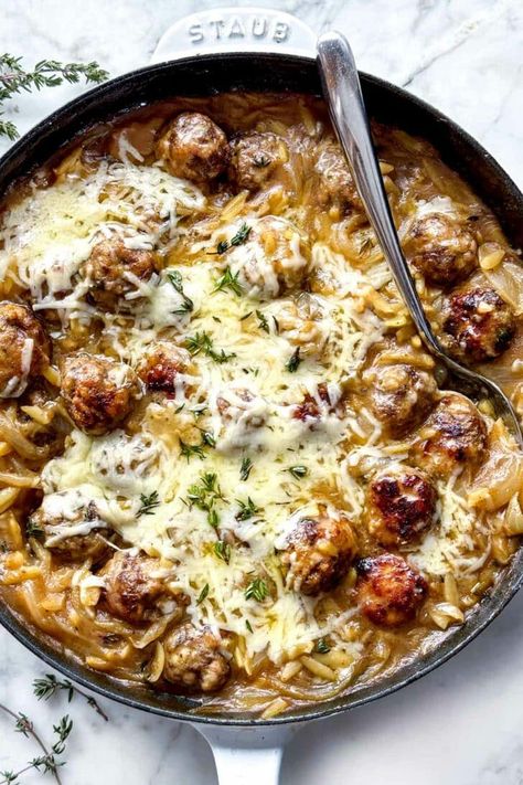 French Onion Meatballs with Orzo | foodiecrush.com French Onion Meatballs Recipe, French Onion Meatballs, Onion Meatballs, Caramelized Onions And Mushrooms, Caramelized Onions Recipe, Autumn Recipes Vegetarian, Orzo Recipes, Foodie Crush, Comfort Food Recipes Dinners