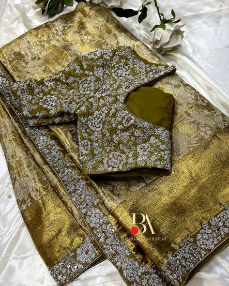 Gold tissue saree with silver zardosi border work and matching blouse for your bridal looks Gold Zardosi Work Blouse, Heavy Zardosi Work Blouses, Pattu Saree Border Maggam Work, Silver Work Blouse Designs For Pattu Sarees, Pattu Saree Border Work Designs, Gold Color Blouse Designs, Silver Maggam Work Blouses, Silver Zardosi Work Blouse, Gold Saree Blouse Design