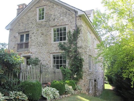 1776 Grist Mill in Landenberg, Pennsylvania - OldHouses.com Cherry Flooring, William Miller, Exposed Rafters, Concrete Houses, Heart Pine, Grist Mill, Stone Walls, Stone Houses, Old Buildings