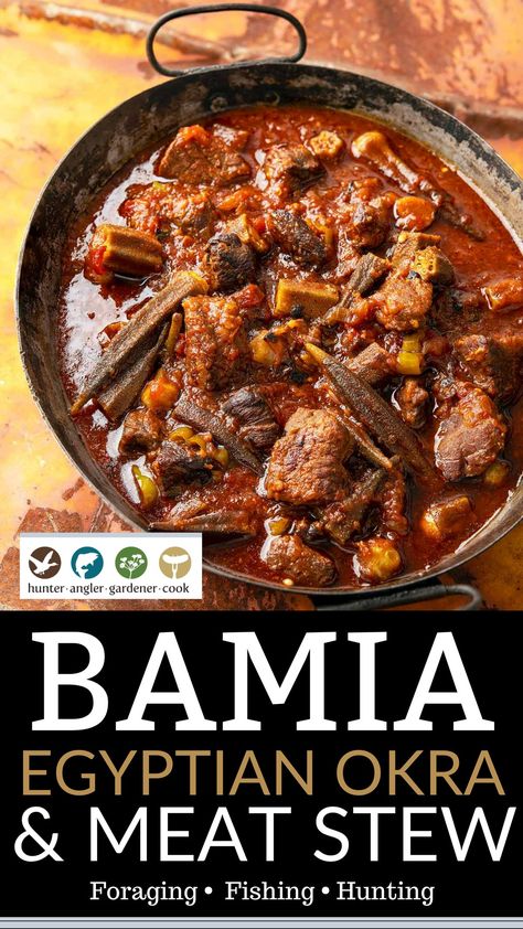 Okra happens to be from Africa, and in the Eastern Mediterranean, from Egypt to Greece, it is called bamia. This bamia recipe happens to be Egyptian, but there are lots of variations on how to make this simple, yet satisfying, meat and okra stew. Traditionally, a bamia recipe consists of lamb or goat, lots of tomatoes, and okra. Mine uses venison, but any red meat will do. | @huntgathercook #hankshaw #bamiarecipe #okranadmeatstew #okrarecipes Egyptian Okra Stew, Middle Eastern Okra Stew, Bamia Recipe Okra, Goat Recipes Meat, Egyptian Soup, Bamia Recipe, Egyptian Dinner, Tomatoes And Okra, Goat Stew