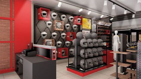 Motorcycle Store Design Interiors, Helmet Shop Interior Design, Helmet Storage Ideas, Motorcycle Shop Design, Motorcycle Showroom Interior, Motorcycle Helmet Storage, Bike Stands, Helmet Display, Rak Display