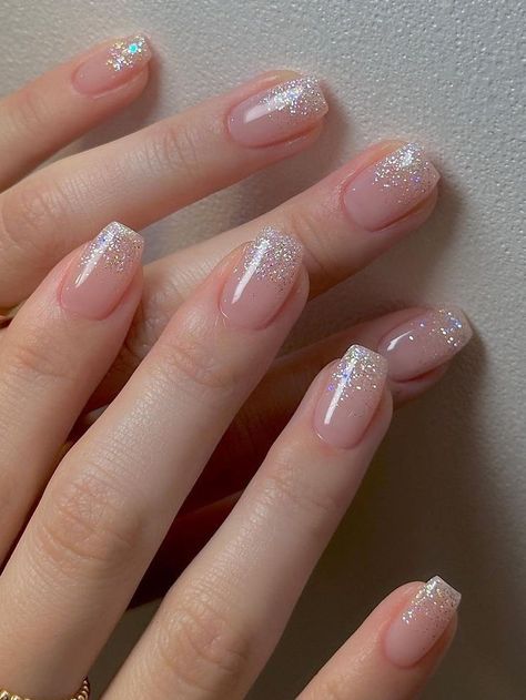 Subtle Glitter Nails Acrylic, Silver Glitter Short Nails, Nails For A Formal Event, Glitter Nails Square Short, French Nails With Silver Glitter, Prom Nails Square, Red And Glitter Nails, Short Nails With Glitter, Square Glitter Nails