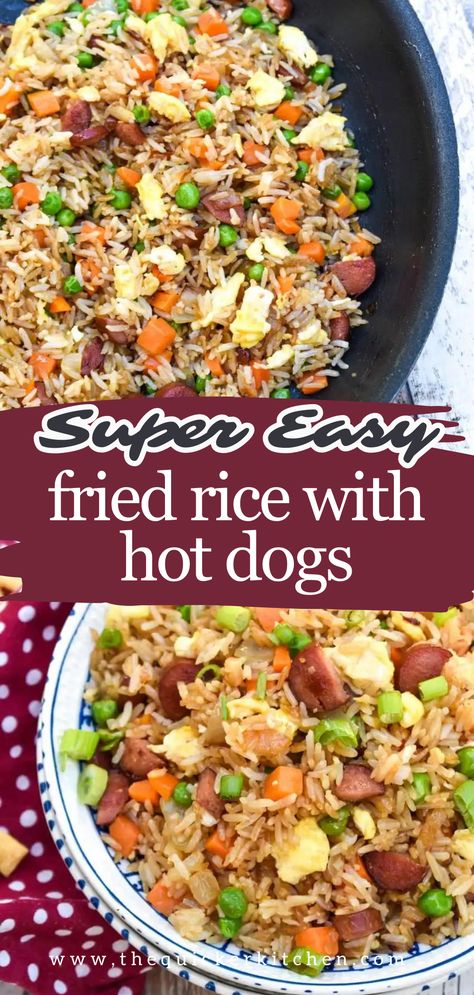 This easy hot dog fried rice is the tastiest way to use up leftover hot dogs. It’s a quick, one pot meal that’s always a hit with the kids, and one even adults enjoy- especially since it’s ready in under 20 minutes! View this easy recipe at quickerkitchen.com Rice And Hot Dogs, Hot Dog And Rice Recipes, Hot Dog Rice, Rice And Hot Dogs Recipe, Easy Dinner Recipes With Hot Dogs, Hot Dog Fried Rice, What To Make With Hot Dogs, Leftover Hotdogs, Hot Dogs And Rice