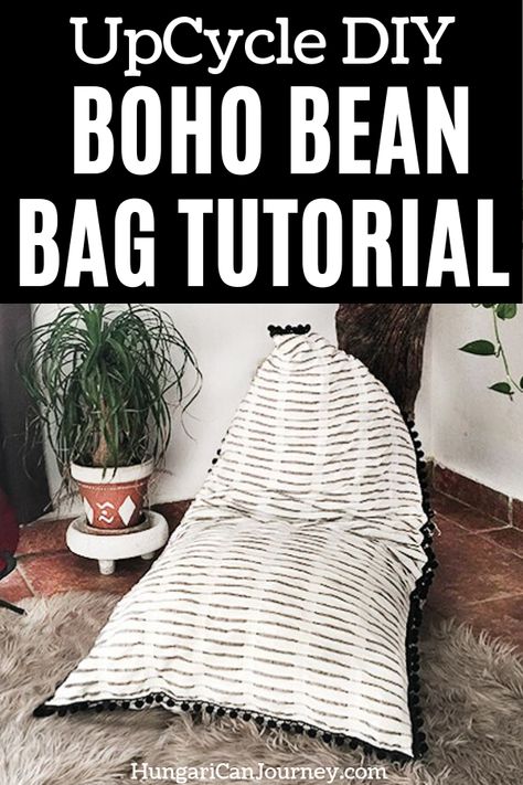 This cool boho bean bag chair is one of my favorite DIY. See how to make a bean bag chair out of old curtains? Find a old curtain, follow this pyramid bean bag chair pattern and use leftover cushions as a bean bag filling alternative. #diy #diyhomedecoronabudget #homedecor #bohohomedecor #diycrafts #diyprojects #beanbag #beanbagchair #beanbagsforkid Boho Bean Bag, Make A Bean Bag Chair, Bean Bag Chair Pattern, How To Make A Bean Bag, Bean Bag Pattern, Diy Bean Bag Chair, How To Make Beans, Driftwood Decoration, Boho Decor Diy