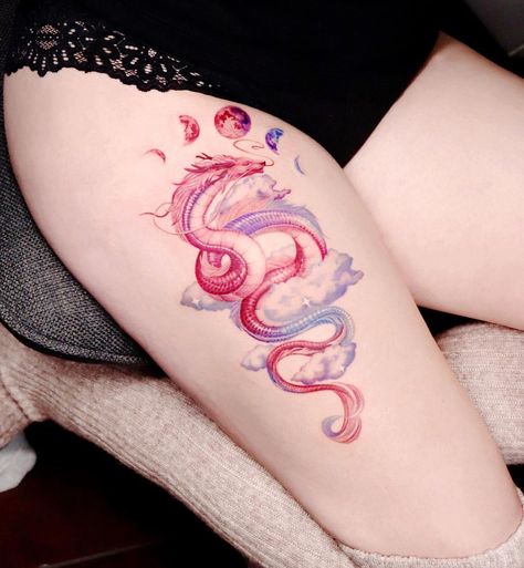 Dragon Tattoos For Women: Bold Expressions Of Strength And Identity Pink Dragon Tattoo, Dragon Tattoos Ideas, Purple Dragon Tattoo, Colorful Tattoo Ideas, Tattoos Ideas For Women, Colorful Tattoo, Waist Tattoos, Dragon Tattoo For Women, Dragon Tattoos