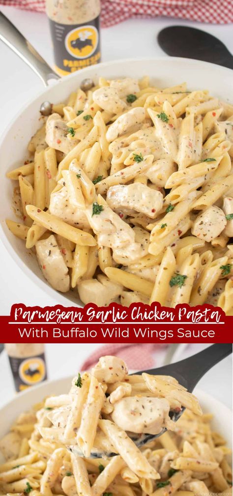 Parmesan Garlic Chicken Pasta is such a rich, creamy, and filling recipe! Make it with Buffalo Wild Wings sauce for an easy chicken dinner. It's almost like an easy Chicken Alfredo recipe with just a little extra touch of that B-Dubs heat! Chicken Recipes With Parmesan Garlic Sauce, Parmesan Garlic Wing Sauce Buffalo Wild Wings, B'dubs Parmesan Chicken, Chicken Pasta With Buffalo Wild Wings Sauce, Parmesan Chicken Pasta Bake, Garlic Parmesan Chicken Pasta Buffalo Wild Wings, Chicken Alfredo With Buffalo Wild Wings Sauce, New Garlic Parm Chicken Pasta, Buffalo Wild Wing Garlic Parmesan Chicken Pasta