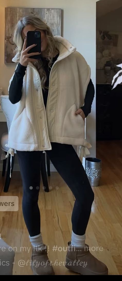 Comfy Class Outfit Winter, Basic Cold Weather Outfits, White Sherpa Vest Outfit, Super Cold Weather Outfits, Outfits For Topgolf, Cold Cruise Outfits, Cream Vest Outfit, 2025 Wardrobe, Class Fits