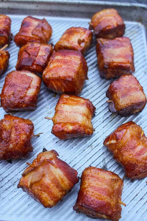 Salmon Bacon Bites, Salmon Wrapped In Bacon, Smoked Bacon Wrapped Shrimp, Bacon Salmon Recipes, Grilled Salmon Bites, Bacon Wrapped Salmon Bites, Salmon Bacon Recipes, Smoked Salmon Bites, Salmon Bites