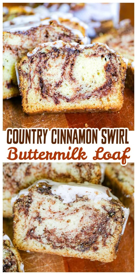 Country Cinnamon Swirl Buttermilk Loaf - Super moist Country Cinnamon Swirl Buttermilk Loaf infused with caramelized cinnamon sugar swirls that will make your head spin! (In a good way!) Mini Cinnamon Bread, Cinnamon Swirl Loaf Bread, Quick Bread Using Buttermilk, Maple Cinnamon Bread, Holiday Mini Loaf Bread Recipes, Holiday Mini Loaf Recipes, Holiday Loaf Recipes, Mini Cinnamon Bread Loaves, Loaf Pan Bread Recipes