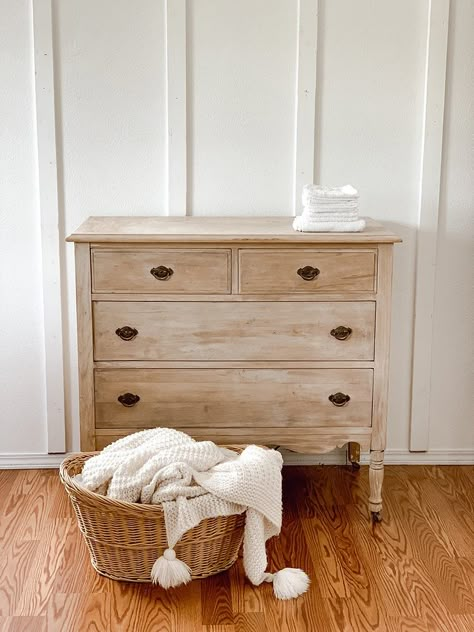 Sanded Down Dresser, Stripped Wood Dresser, Bleach Dresser Diy, Stripping Oak Furniture, Easy Off Wood Stripping, Sanded Pine Furniture, How To Strip Paint Off Wood, Easy Off Furniture Stripping, Bleached Wood Dresser