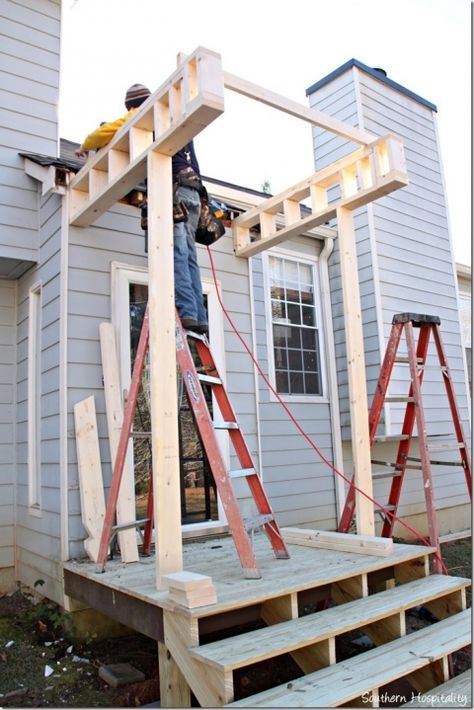 Front Portico, Door Overhang, Veranda Design, Porch Roof, Front Porch Design, Door Awnings, Porch Steps, Exterior Makeover, Diy Building