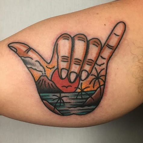 @isaacjctattoo Shaka Tattoo, Surf Tattoo, Hawaiian Tattoo, Beach Tattoo, Symbol Tattoos, American Traditional Tattoo, Hand Tattoo, Symbolic Tattoos, American Traditional