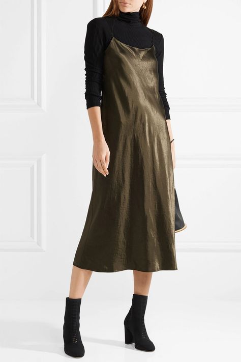 slip dress with turtleneck and boots Dress Over Turtleneck, Slip Dress Outfit Ideas, Slip Dress Outfit Winter, Satin Slip Dress Outfit, Satin Dress Outfit, Layered Slip Dress, Maxi Dress Outfit Fall, Slip Dress Outfit, Green Slip Dress