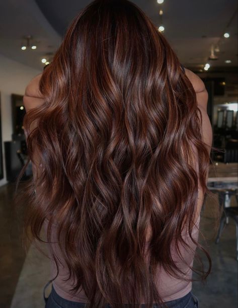 Dark Chocolate Cinnamon Hair, Dark Brown Reddish Hair With Highlights, Chocolate Brown Hair Red Highlights, Smoky Copper Hair, Copper To Brown Hair Before And After, Brown Hair Red Undertone Highlights, Darker Hair Dye Ideas, Dark Honey Red Hair, Natural Dark Copper Hair