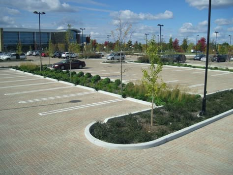 The Chicago suburb's flagship recreation center includes permeable pavers, bioswales, rain gardens, and native vegetation.  Thanks to Conservation Design Forum for the photo. Green Parking, Car Park Design, Water Infrastructure, Script Dr, Parking Lot Architecture, Arch Inspiration, Rain Gardens, Plaza Design, Storm Water