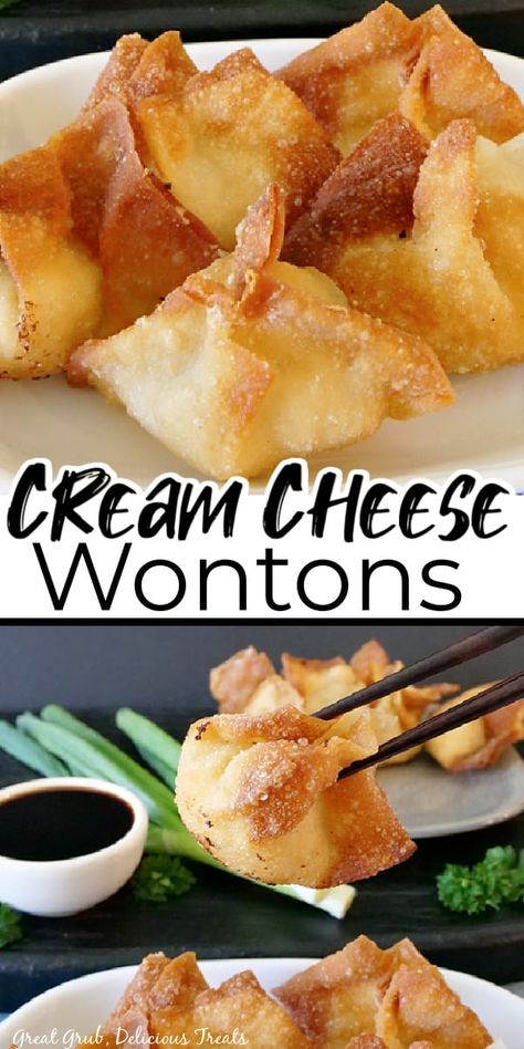 Cream Cheese Wontons are a classic Chinese recipe filled with cream cheese, green onions, and more, then fried and is a delicious appetizer recipe. Cream Cheese Pickle Wontons, Cheese Rangoon Recipe, Wonton Filling Recipes, Wonton Bites, Rv Snacks, Wonton Wrapper Recipes, Rangoon Recipe, Cannibis Recipes, Cheese Wontons