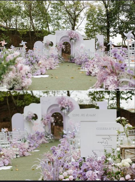 White Lilac Wedding Decoration, Purple Wedding Backdrop Ideas, Wedding Theme Purple And Gold, Lilac Wedding Decorations, Wedding Walls, Lilac Wedding Themes, Wedding Rose Gold Theme, Bridal Entrance, Wedding Lilac