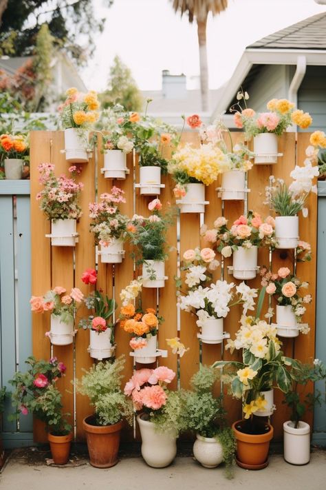 Garden Against House Wall, Flower Wall Outdoor Garden, Colorful Garden Fence, Small Yard Privacy Fence Ideas, All White Landscaping, Garden Fence Ideas Decorative, Plants On Fence, Colorful Garden Ideas, Flower Garden Fence